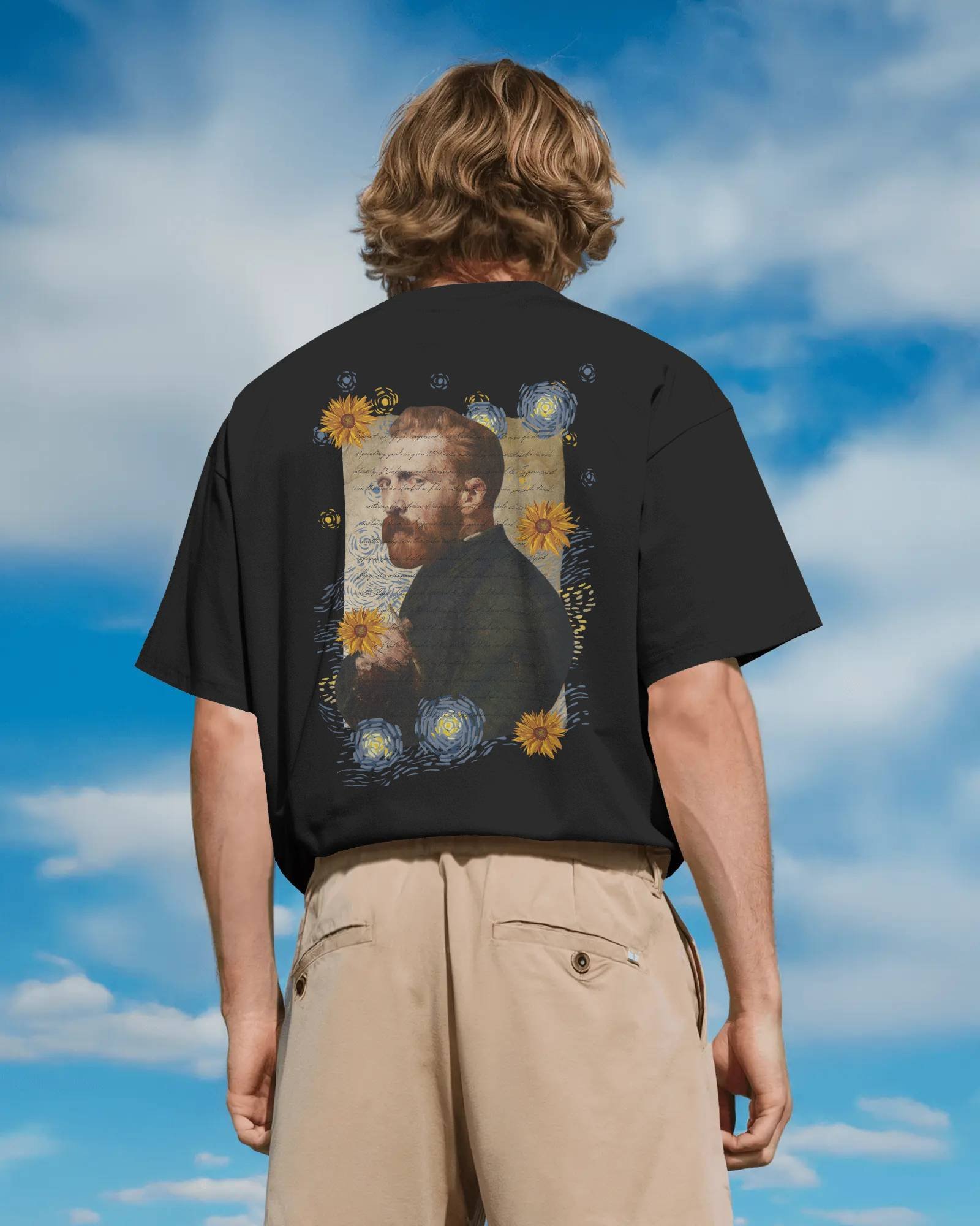 Unisex STARRY MINDS inspired by Vincent Vangogh Starry nights painting oversized graphic t-shirt in 240 GSM French Terry cotton